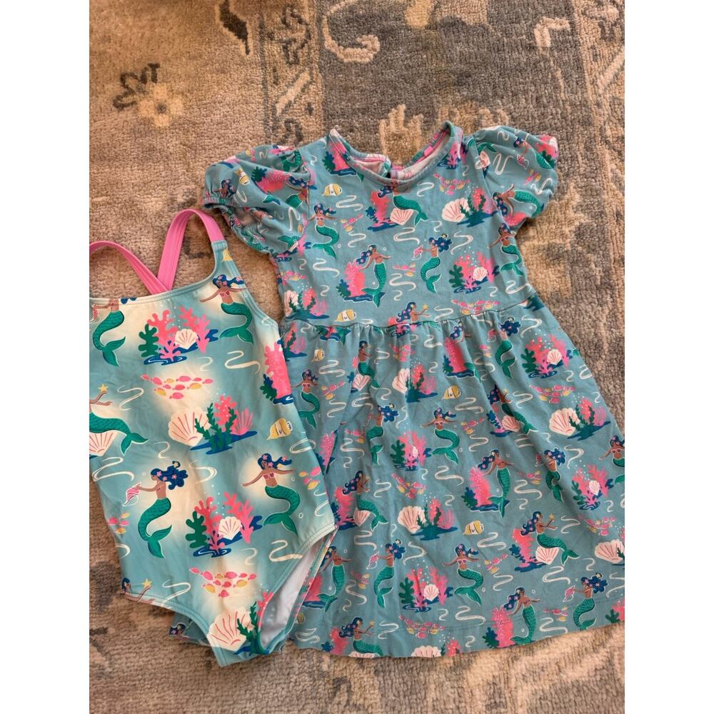 Mini Boden Mermaid One Piece Swimsuit & Cotton Dress Sz 3-4 Years